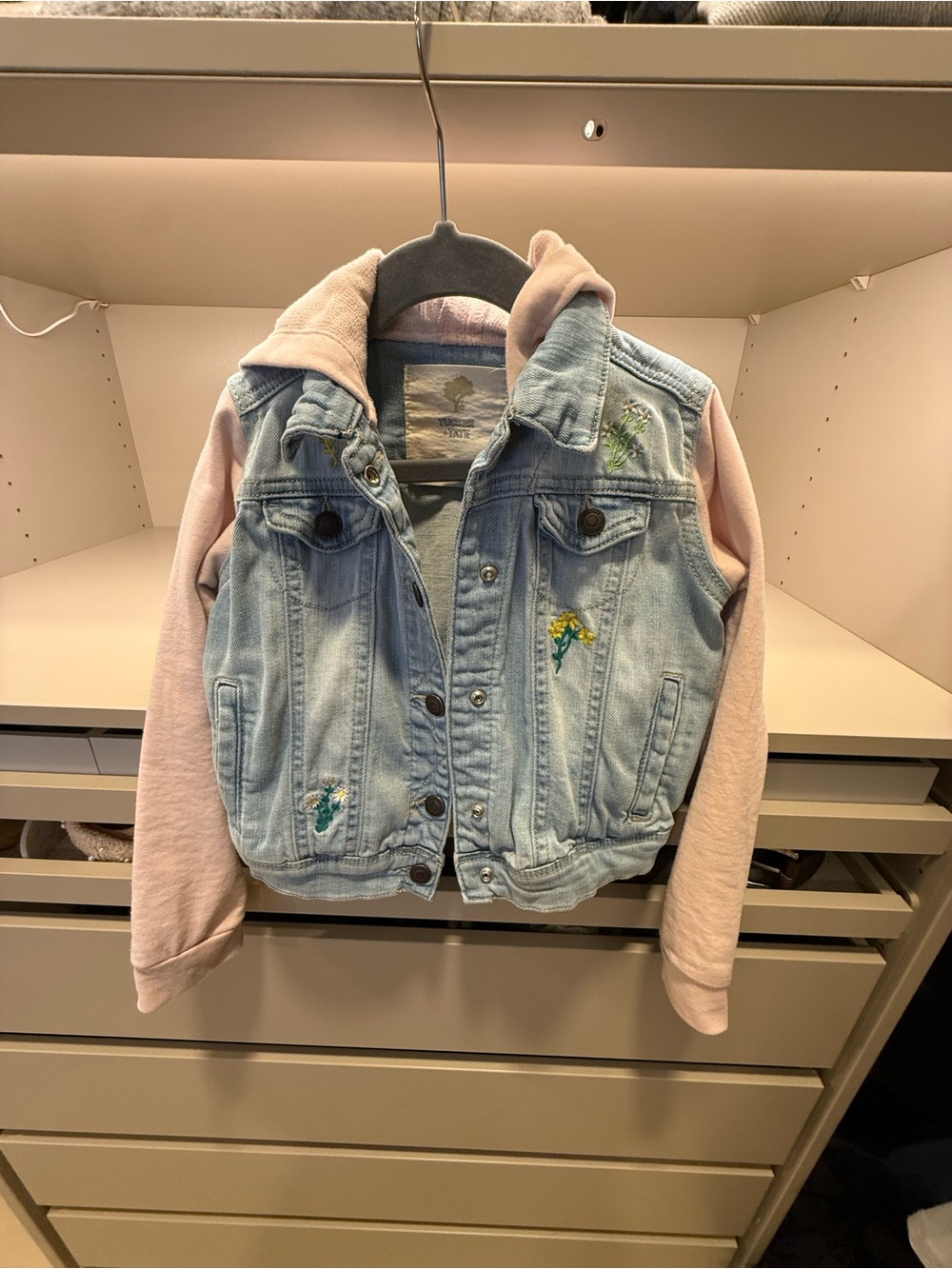 Tucker + Tate Light Blue Denim Jacket with Pink Hoodie and Floral Embroidery